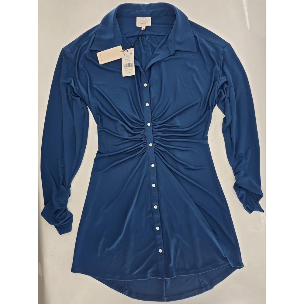 NWT Cinq a Sept Laguna Blue Ruched Arden Sumac Shirt Dress Size Large MSRP $345